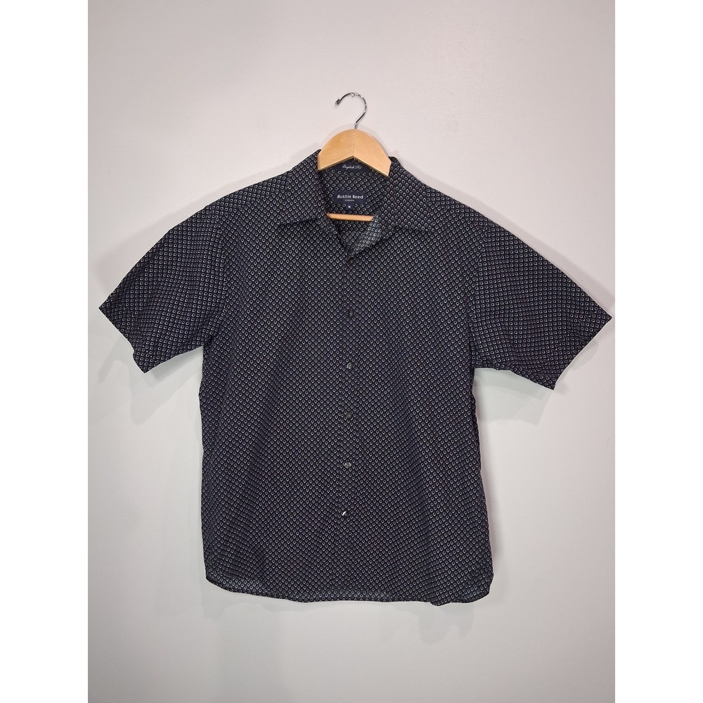 Austin Reed London Mens Med Navy Blue Geometric Short Sleeve Button Down Shirt